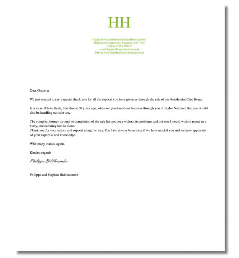 Highfield House Testimonial