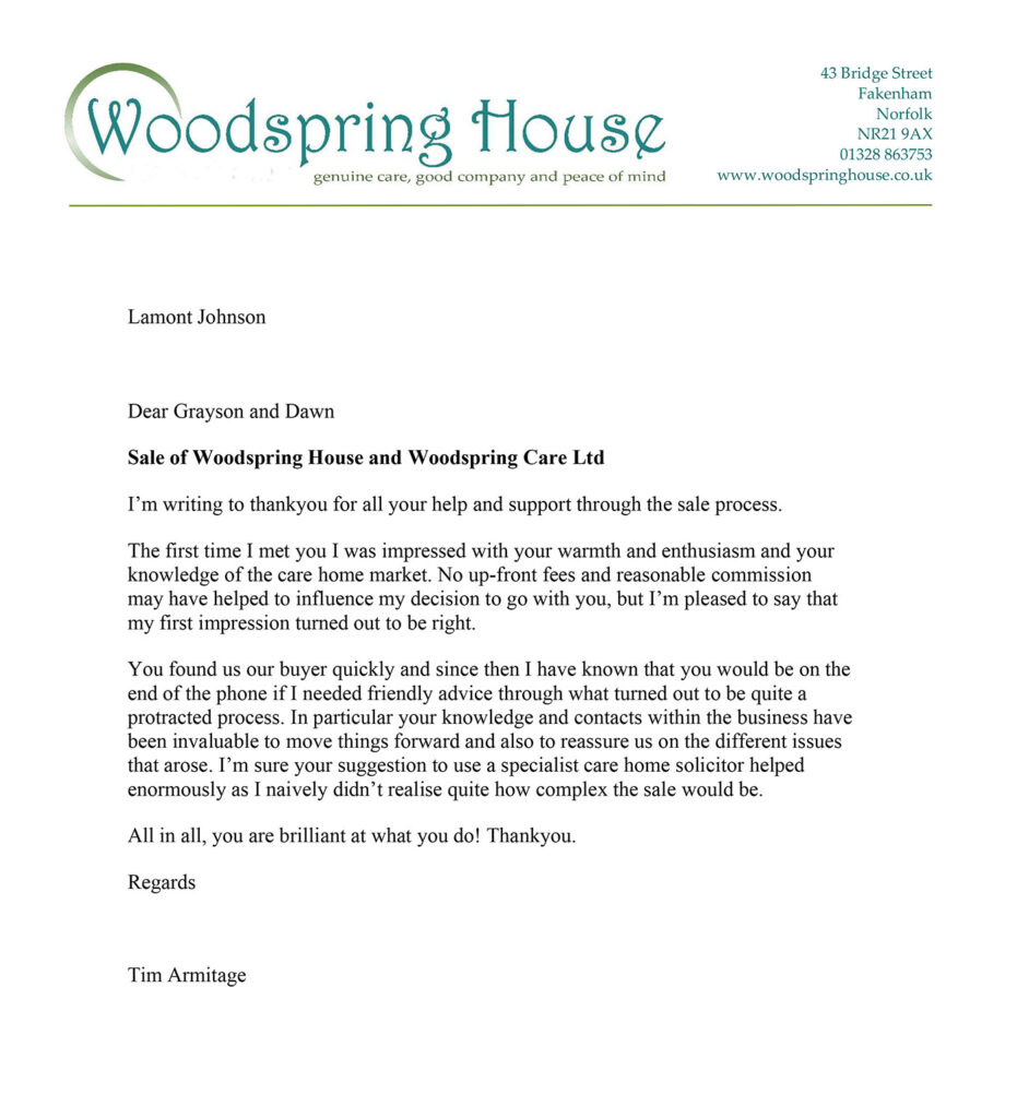 Woodspring Care Home Testimonial